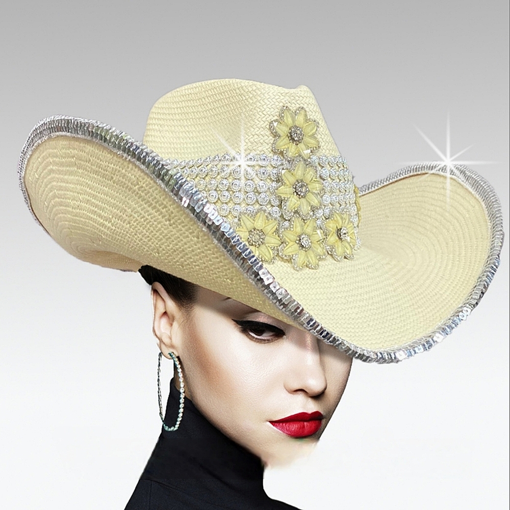 NWT Stunning Couture Studded Wide Brim Pave Cowboy Western Winter White Hat